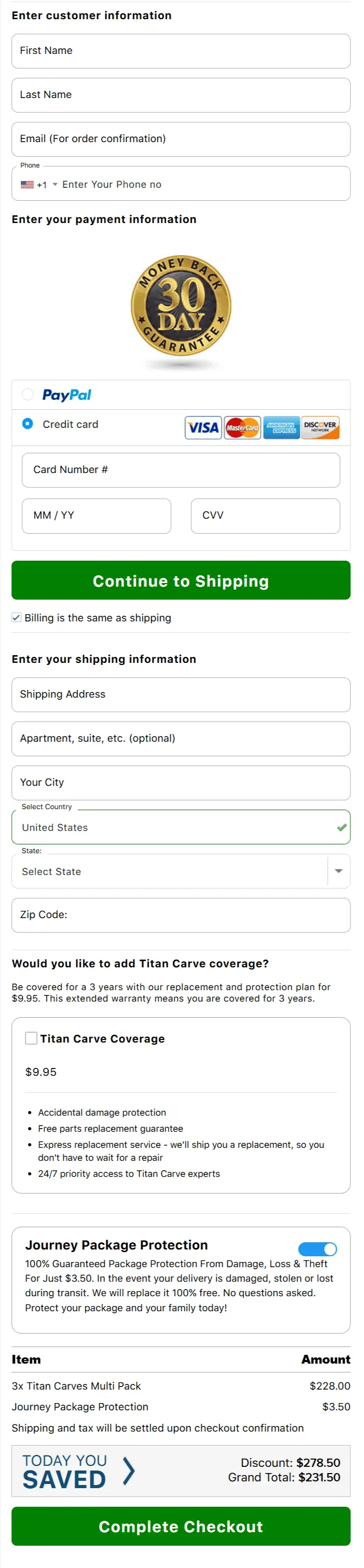Titan Carve secure checkout page